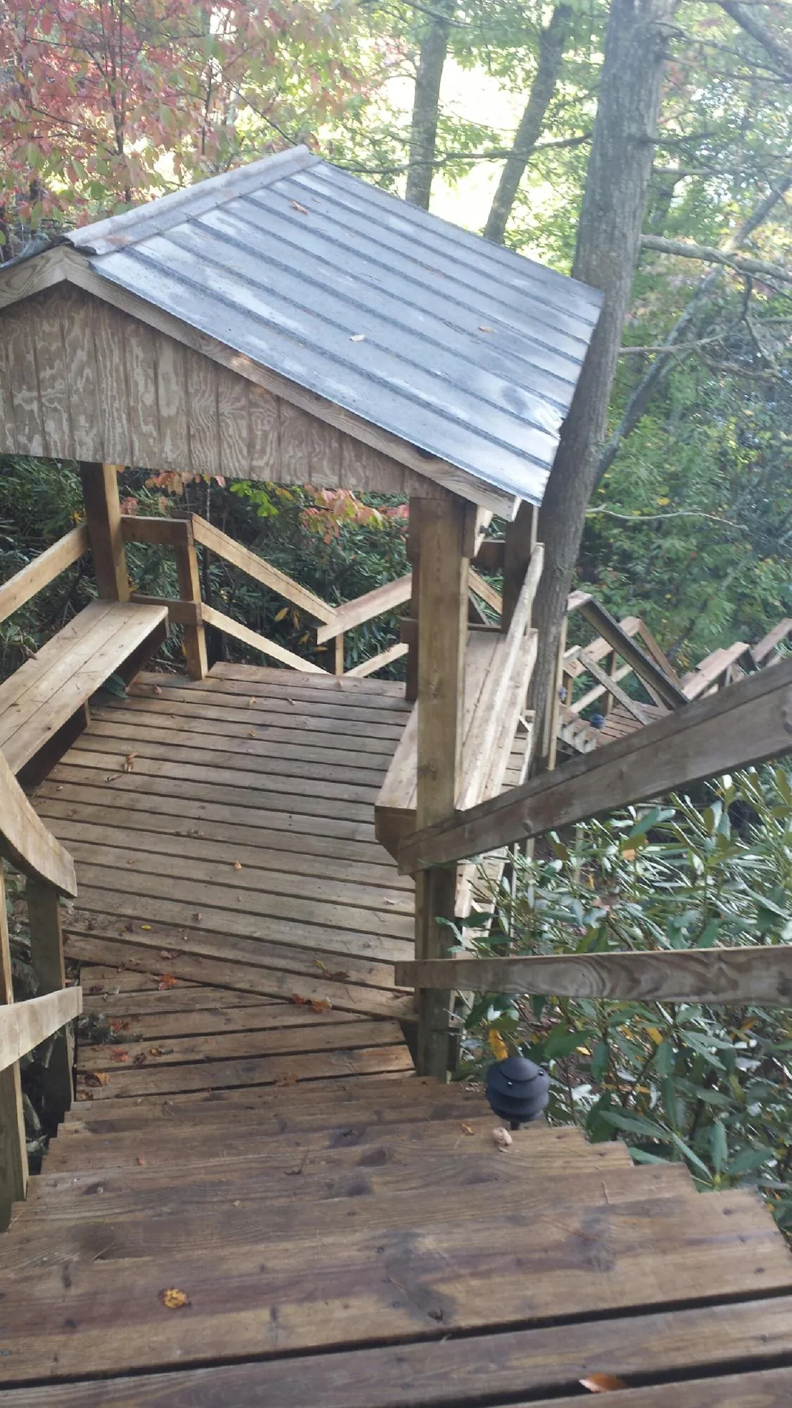 Metal roofed shelter over wooden steps on a wooded walkway — Skylight Repair & Installation work by our crew in Sophia